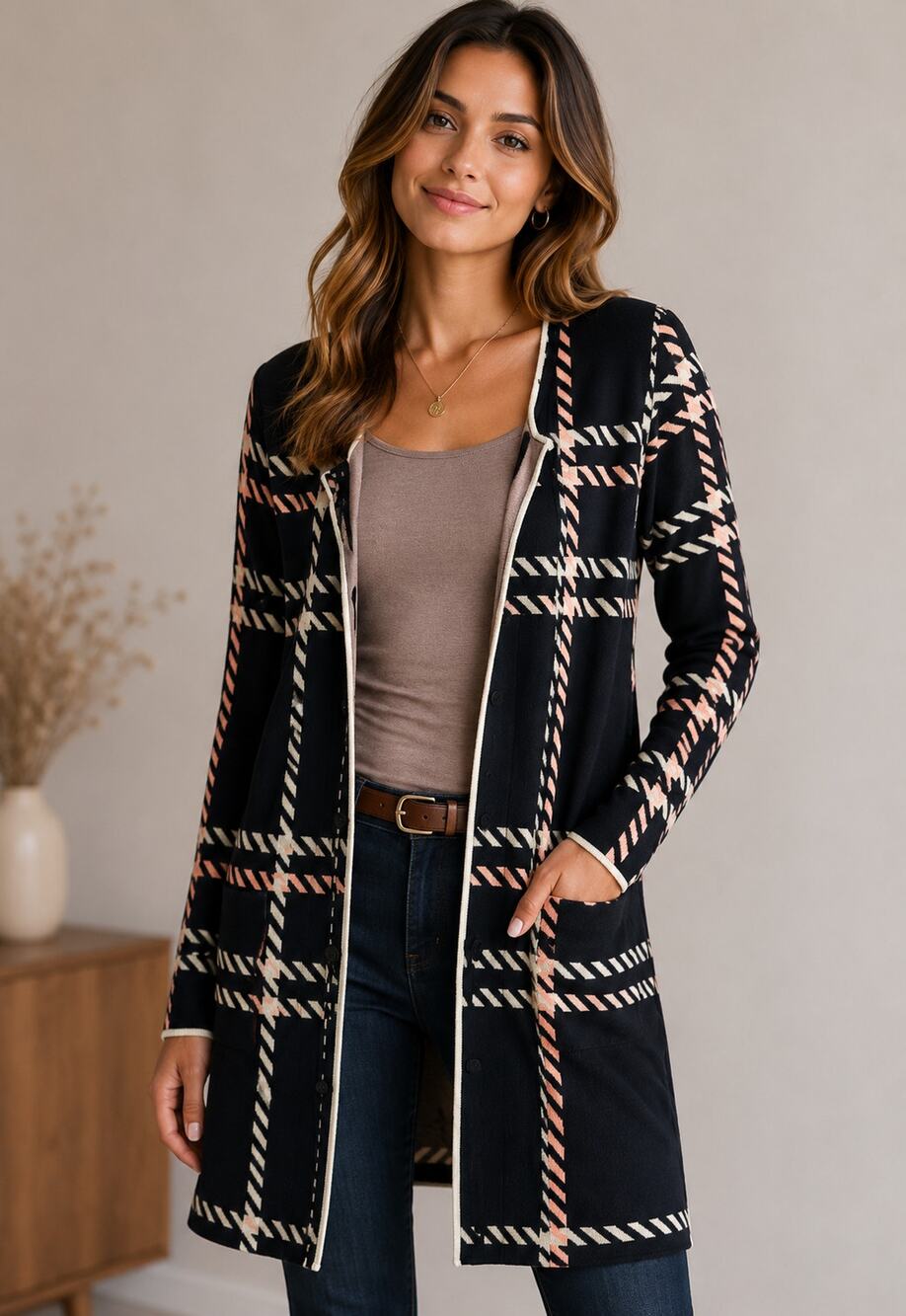 Talbots Black White Pink Plaid Knit Coatigan Women’s Size M